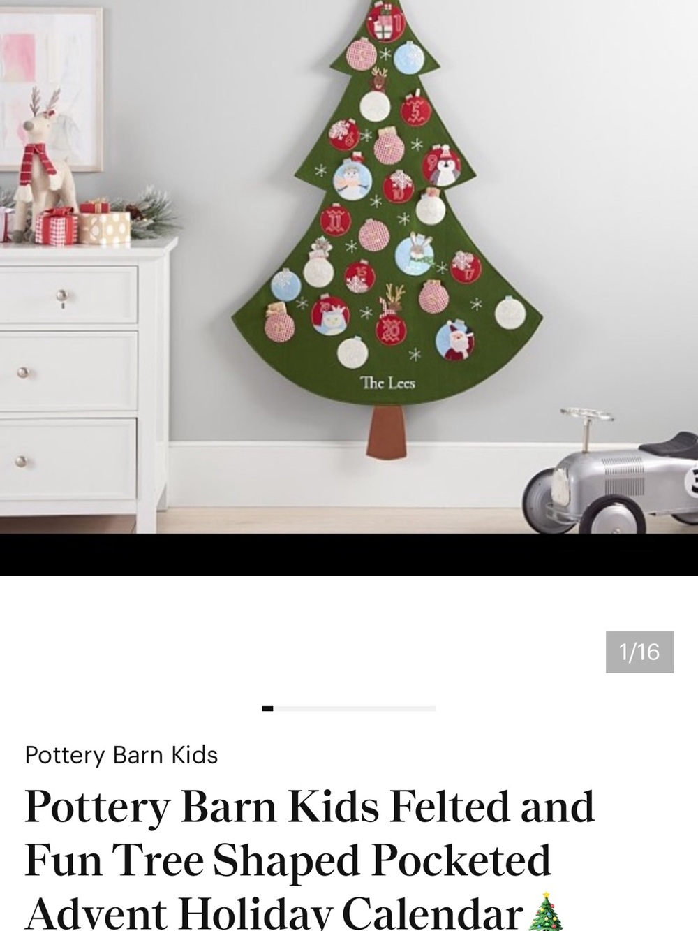 Pottery Barn Kids Green Felt Tree Advent Calendar with Red & White Ornaments